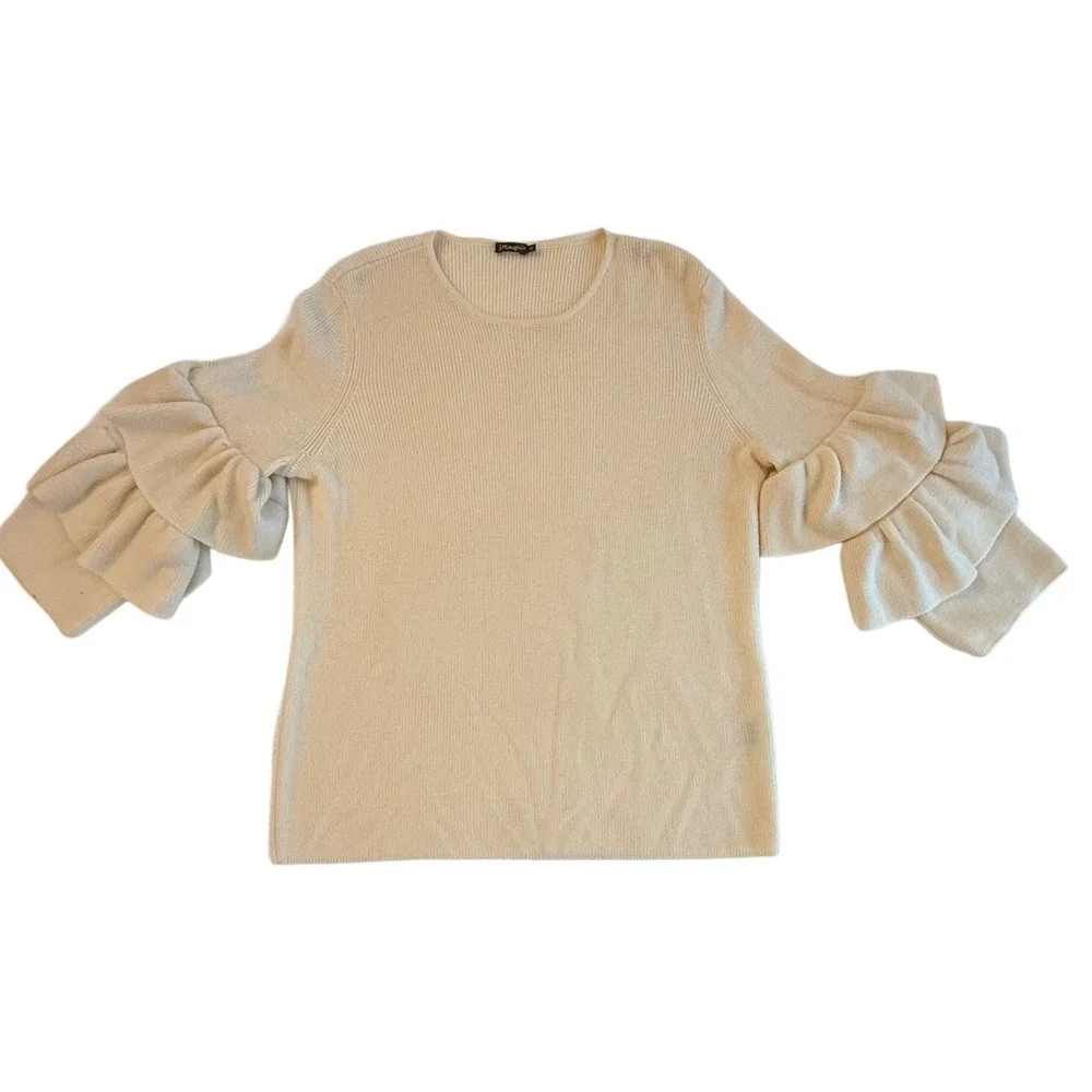 J McLaughlin Cream Italian Merino Wool Ruffle Sleeve‎ Sweater Feminine Spring M